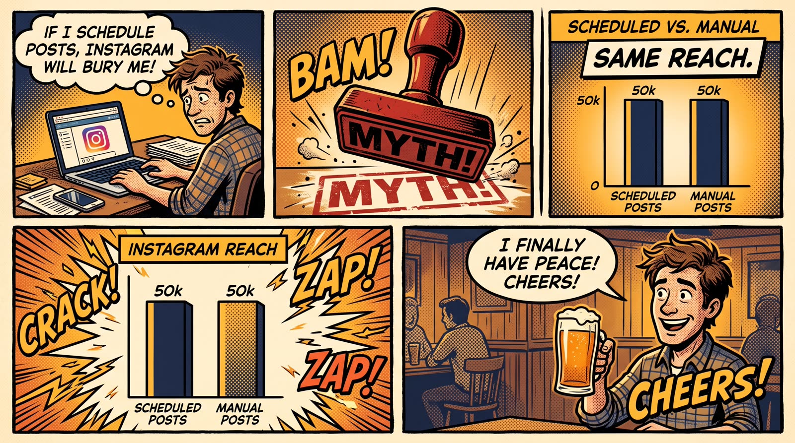 Comic book panel busting the myth that scheduling posts hurts Instagram reach: scheduled and manual posts shown getting the same 50k reach