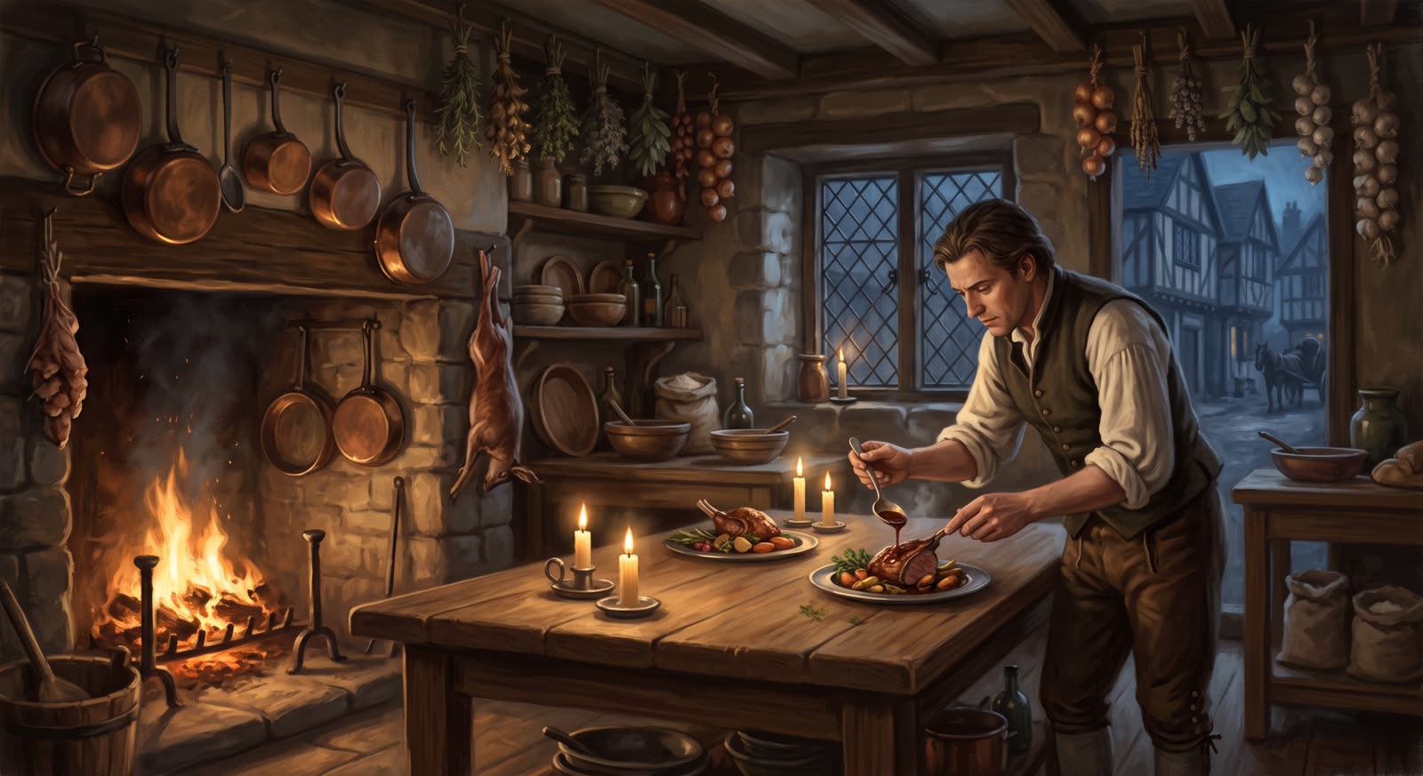An 18th-century innkeeper plating a refined French dish