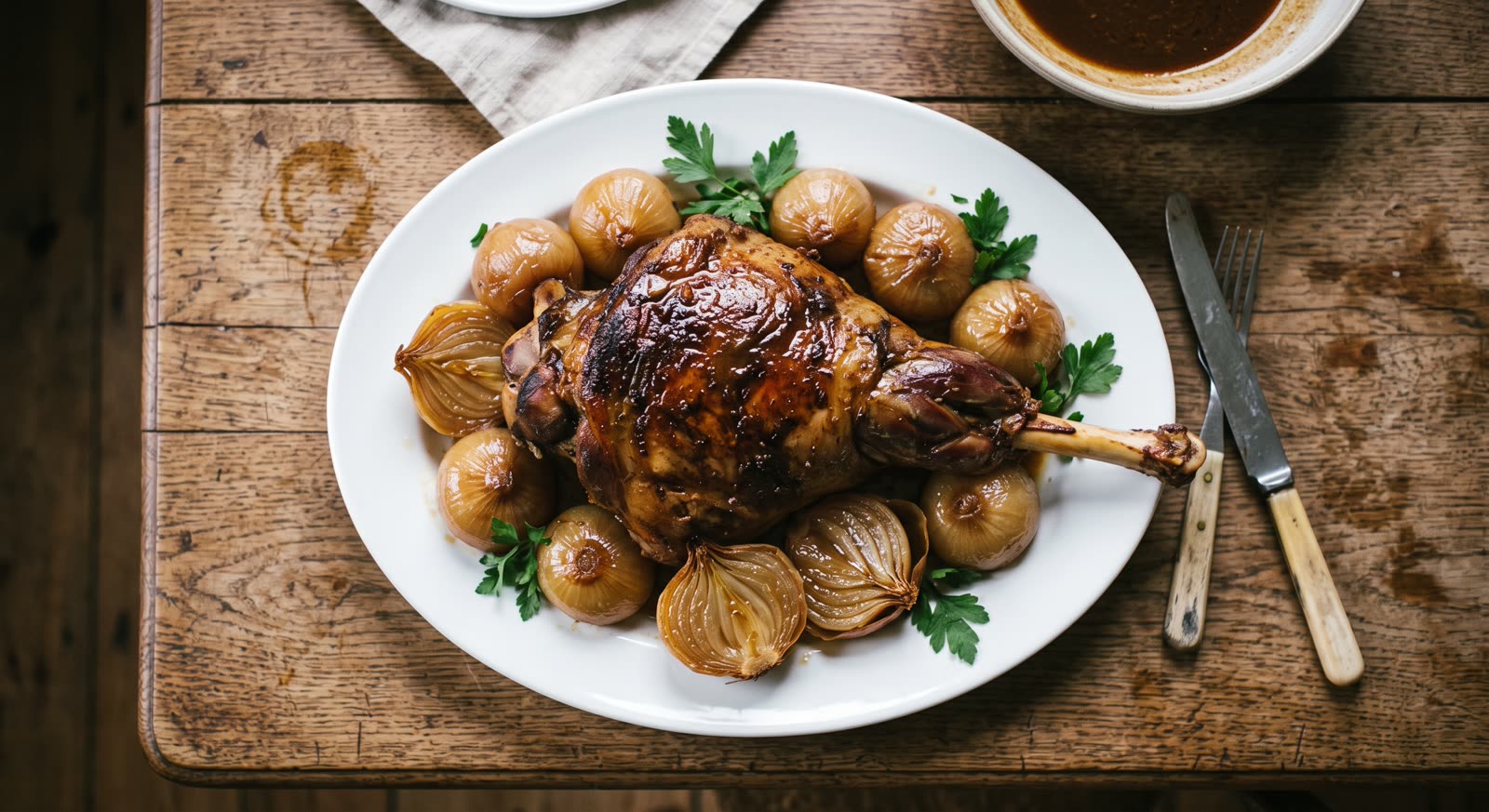 Braised leg of mutton with whole Spanish onions on a platter