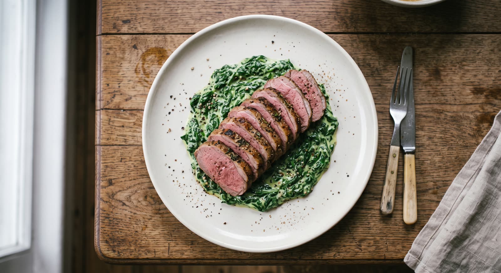 Sliced roast lamb with creamed spinach on a plate